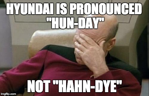 Captain Picard Facepalm Meme | HYUNDAI IS PRONOUNCED "HUN-DAY"; NOT "HAHN-DYE" | image tagged in memes,captain picard facepalm | made w/ Imgflip meme maker