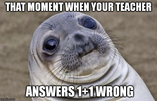 Awkward Moment Sealion Meme | THAT MOMENT WHEN YOUR TEACHER; ANSWERS 1+1 WRONG | image tagged in memes,awkward moment sealion | made w/ Imgflip meme maker