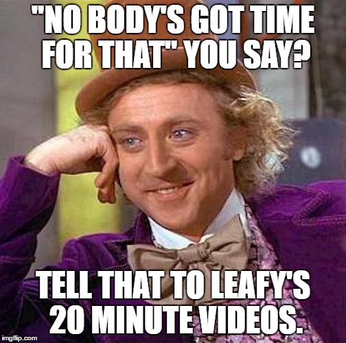 Creepy Condescending Wonka Meme | "NO BODY'S GOT TIME FOR THAT" YOU SAY? TELL THAT TO LEAFY'S 20 MINUTE VIDEOS. | image tagged in memes,creepy condescending wonka | made w/ Imgflip meme maker