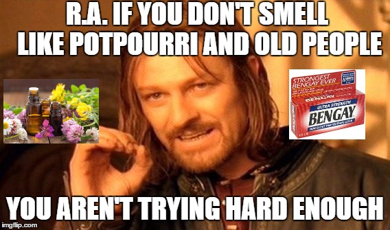 One Does Not Simply | R.A. IF YOU DON'T SMELL LIKE POTPOURRI AND OLD PEOPLE; YOU AREN'T TRYING HARD ENOUGH | image tagged in memes,one does not simply | made w/ Imgflip meme maker