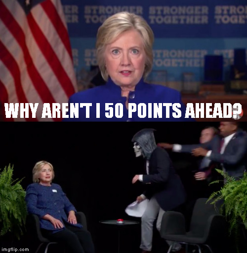 Don't Fear the Reaper | WHY AREN'T I 50 POINTS AHEAD? | image tagged in memes,so true memes,hillary clinton for jail 2016,between two ferns | made w/ Imgflip meme maker