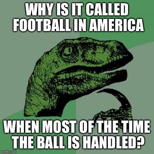 Philosoraptor | WHY IS IT CALLED FOOTBALL IN AMERICA; WHEN MOST OF THE TIME THE BALL IS HANDLED? | image tagged in memes,philosoraptor | made w/ Imgflip meme maker