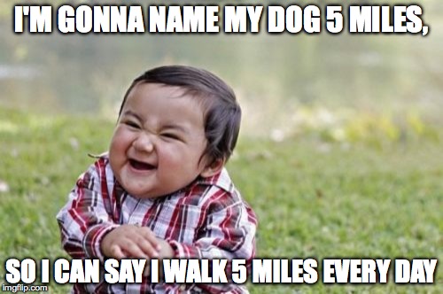 Sounds fair to me... | I'M GONNA NAME MY DOG 5 MILES, SO I CAN SAY I WALK 5 MILES EVERY DAY | image tagged in memes,evil toddler,dog,5 miles,exercise | made w/ Imgflip meme maker