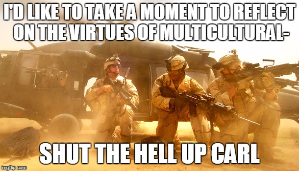 I'D LIKE TO TAKE A MOMENT TO REFLECT ON THE VIRTUES OF MULTICULTURAL-; SHUT THE HELL UP CARL | image tagged in war on terror | made w/ Imgflip meme maker