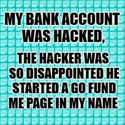 Plain boring | MY BANK ACCOUNT WAS HACKED, THE HACKER WAS SO DISAPPOINTED HE STARTED A GO FUND ME PAGE IN MY NAME | image tagged in plain boring | made w/ Imgflip meme maker