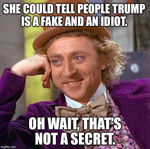 Creepy Condescending Wonka Meme | SHE COULD TELL PEOPLE TRUMP IS A FAKE AND AN IDIOT. OH WAIT, THAT'S NOT A SECRET. | image tagged in memes,creepy condescending wonka | made w/ Imgflip meme maker