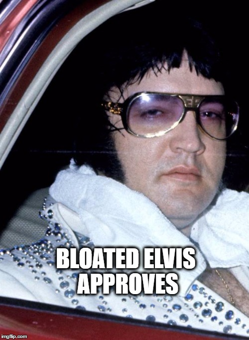 BLOATED ELVIS APPROVES | image tagged in elvis,bloated,elvis presley | made w/ Imgflip meme maker