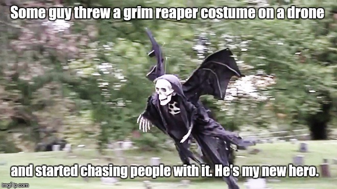 A great welcome for anyone who comes to your front door.  | Some guy threw a grim reaper costume on a drone; and started chasing people with it. He's my new hero. | image tagged in grim reaper,drone,funny meme | made w/ Imgflip meme maker