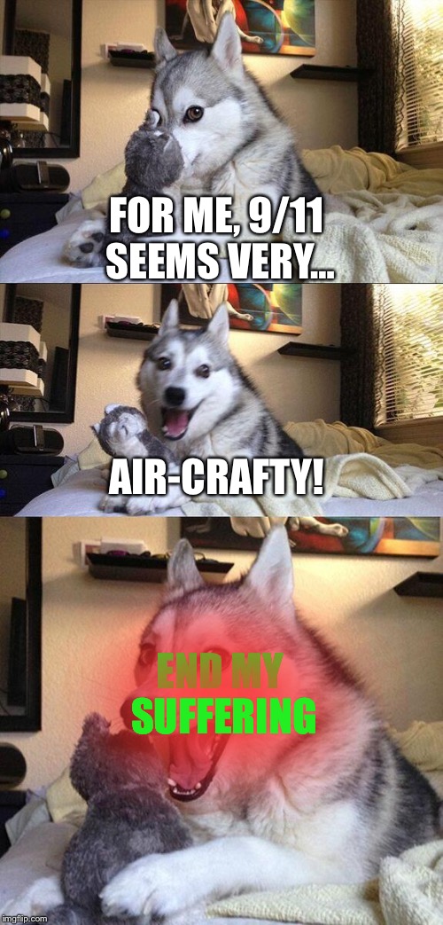 Bad Pun Dog | FOR ME, 9/11 SEEMS VERY…; AIR-CRAFTY! END MY SUFFERING | image tagged in memes,bad pun dog | made w/ Imgflip meme maker