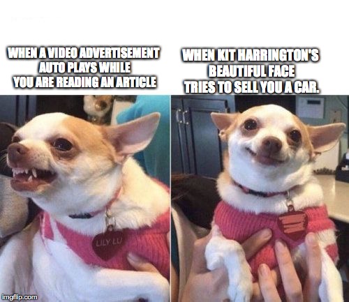 angry chihuahua happy chihuahua | WHEN KIT HARRINGTON'S BEAUTIFUL FACE TRIES TO SELL YOU A CAR. WHEN A VIDEO ADVERTISEMENT AUTO PLAYS WHILE YOU ARE READING AN ARTICLE | image tagged in angry chihuahua happy chihuahua | made w/ Imgflip meme maker