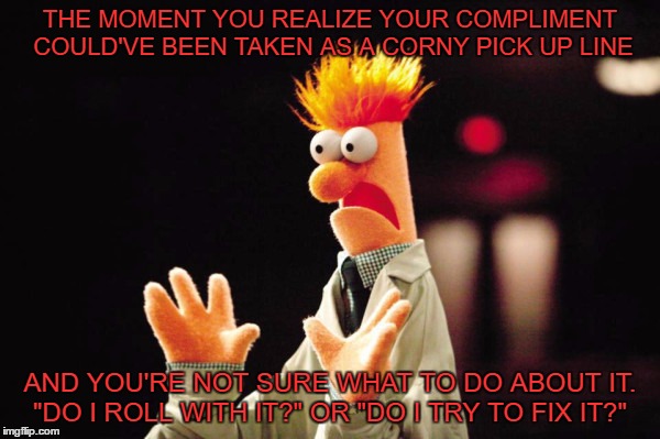 Hehe.... Fuck..... | THE MOMENT YOU REALIZE YOUR COMPLIMENT COULD'VE BEEN TAKEN AS A CORNY PICK UP LINE; AND YOU'RE NOT SURE WHAT TO DO ABOUT IT. "DO I ROLL WITH IT?" OR "DO I TRY TO FIX IT?" | image tagged in beaker freak out,what if i told you,crap,funny,facebook | made w/ Imgflip meme maker