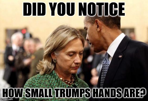 obama and hillary | DID YOU NOTICE; HOW SMALL TRUMPS HANDS ARE? | image tagged in obama and hillary | made w/ Imgflip meme maker