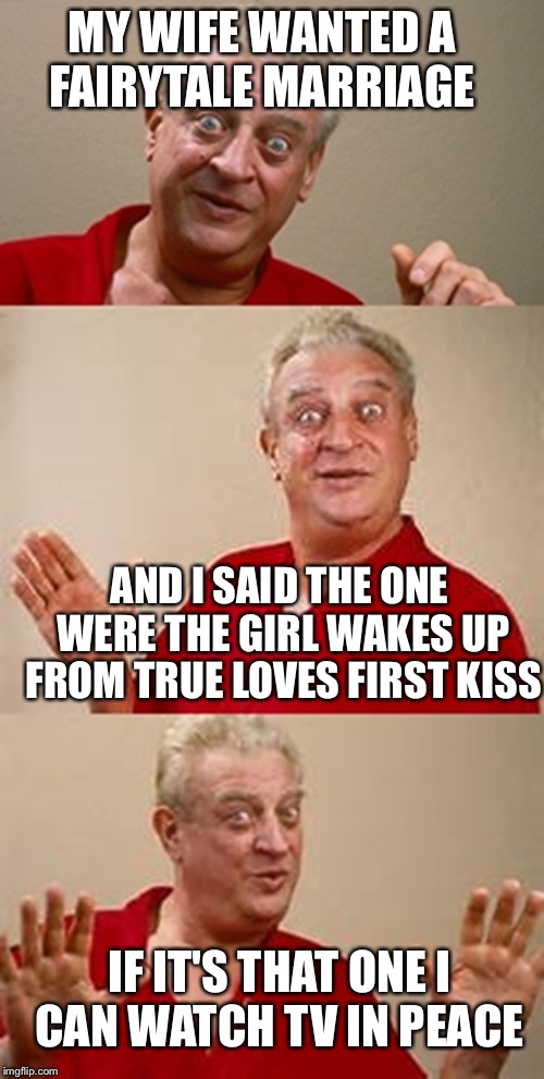 It's a Fairytale marriage  | MY WIFE WANTED A FAIRYTALE MARRIAGE; AND I SAID THE ONE WERE THE GIRL WAKES UP FROM TRUE LOVES FIRST KISS; IF IT'S THAT ONE I CAN WATCH TV IN PEACE | image tagged in bad pun dangerfield,marriage,tv,fairytale | made w/ Imgflip meme maker