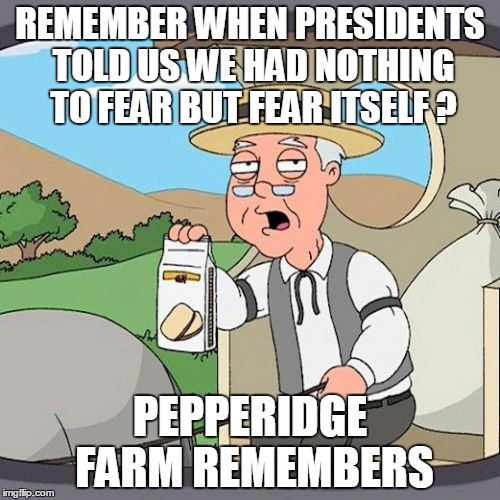 Terror mongering - the nouveau political soap box | REMEMBER WHEN PRESIDENTS TOLD US WE HAD NOTHING TO FEAR BUT FEAR ITSELF ? PEPPERIDGE FARM REMEMBERS | image tagged in memes,pepperidge farm remembers | made w/ Imgflip meme maker