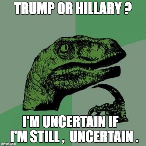 Philosoraptor | TRUMP OR HILLARY ? I'M UNCERTAIN IF   I'M STILL ,  UNCERTAIN . | image tagged in memes,philosoraptor | made w/ Imgflip meme maker