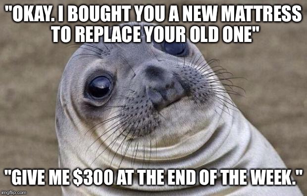 Awkward Moment Sealion Meme | "OKAY. I BOUGHT YOU A NEW MATTRESS TO REPLACE YOUR OLD ONE"; "GIVE ME $300 AT THE END OF THE WEEK." | image tagged in memes,awkward moment sealion | made w/ Imgflip meme maker