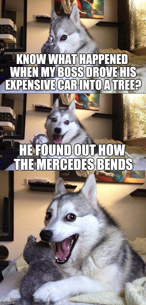 Bad Pun Dog Meme | KNOW WHAT HAPPENED WHEN MY BOSS DROVE HIS EXPENSIVE CAR INTO A TREE? HE FOUND OUT HOW THE MERCEDES BENDS | image tagged in memes,bad pun dog | made w/ Imgflip meme maker