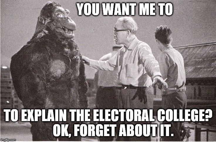 It's complex but, trust me, it beats all of the alternatives by a mile, mile and a half maybe, minimum. | YOU WANT ME TO TO EXPLAIN THE ELECTORAL COLLEGE?    OK, FORGET ABOUT IT. | image tagged in kong with director | made w/ Imgflip meme maker