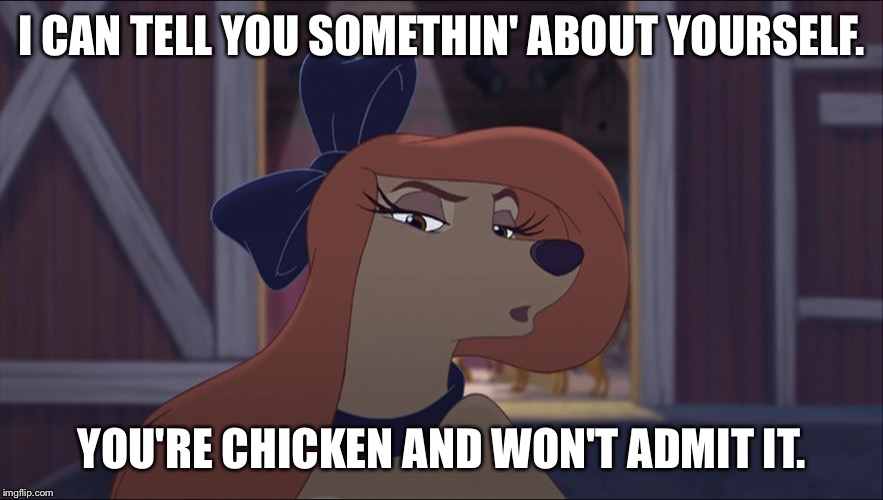 I Can Tell You Somethin' About Yourself | I CAN TELL YOU SOMETHIN' ABOUT YOURSELF. YOU'RE CHICKEN AND WON'T ADMIT IT. | image tagged in dixie tough,memes,disney,the fox and the hound 2,reba mcentire,dog | made w/ Imgflip meme maker