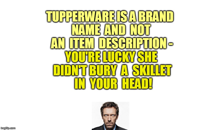 TUPPERWARE IS A BRAND NAME  AND  NOT  AN  ITEM  DESCRIPTION - YOU'RE LUCKY SHE DIDN'T BURY  A  SKILLET  IN  YOUR  HEAD! | made w/ Imgflip meme maker