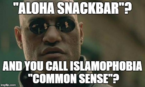 STUPIDITY: Taking It To A Whole New Level | "ALOHA SNACKBAR"? AND YOU CALL ISLAMOPHOBIA "COMMON SENSE"? | image tagged in memes,matrix morpheus,islamophobia,common,sense,stupidity | made w/ Imgflip meme maker