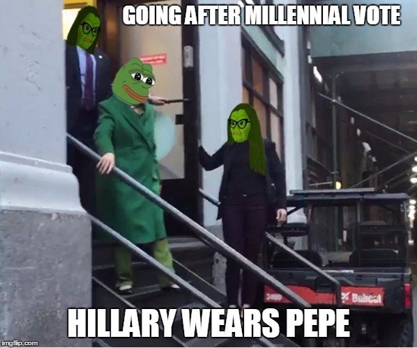 GOING AFTER MILLENNIAL VOTE; HILLARY WEARS PEPE | image tagged in pepe hillary clothes | made w/ Imgflip meme maker