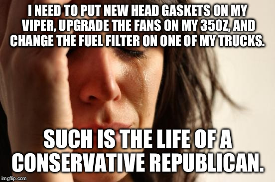 First World Problems Meme | I NEED TO PUT NEW HEAD GASKETS ON MY VIPER, UPGRADE THE FANS ON MY 350Z, AND CHANGE THE FUEL FILTER ON ONE OF MY TRUCKS. SUCH IS THE LIFE OF A CONSERVATIVE REPUBLICAN. | image tagged in memes,first world problems | made w/ Imgflip meme maker