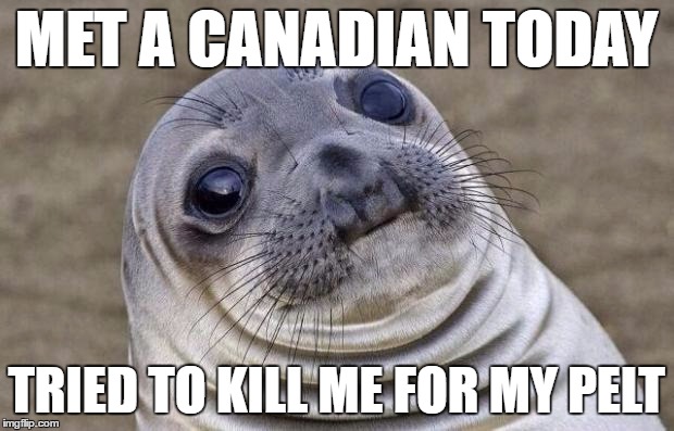 Awkward Moment Sealion | MET A CANADIAN TODAY; TRIED TO KILL ME FOR MY PELT | image tagged in memes,awkward moment sealion | made w/ Imgflip meme maker