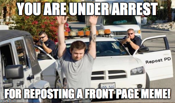 What you gunna do when the come for you? ;) | YOU ARE UNDER ARREST FOR REPOSTING A FRONT PAGE MEME! | image tagged in repost police,memes | made w/ Imgflip meme maker