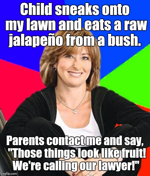 Sheltering Suburban Mom | Child sneaks onto my lawn and eats a raw jalapeño from a bush. Parents contact me and say,  "Those things look like fruit! We're calling our lawyer!" | image tagged in memes,sheltering suburban mom | made w/ Imgflip meme maker