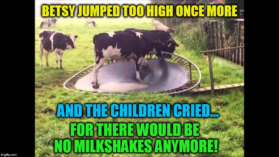 There is always one that goes too far! |  BETSY JUMPED TOO HIGH ONCE MORE; AND THE CHILDREN CRIED... FOR THERE WOULD BE NO MILKSHAKES ANYMORE! | image tagged in funny meme,milkshakes,broken,trampoline,cows,jokes | made w/ Imgflip meme maker