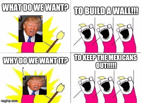 What Do We Want Meme | WHAT DO WE WANT? TO BUILD A WALL!!! TO KEEP THE MEXICANS OUT!!!!! WHY DO WE WANT IT? | image tagged in memes,what do we want | made w/ Imgflip meme maker
