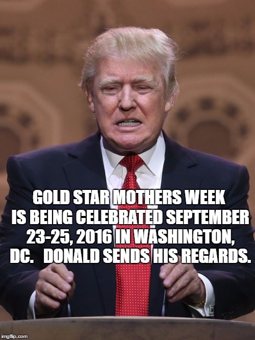 Donald Trump | GOLD STAR MOTHERS WEEK IS BEING CELEBRATED SEPTEMBER 23-25, 2016 IN WASHINGTON, DC.   DONALD SENDS HIS REGARDS. | image tagged in donald trump | made w/ Imgflip meme maker