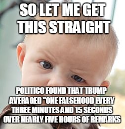 Skeptical Baby | SO LET ME GET THIS STRAIGHT; POLITICO FOUND THAT TRUMP AVERAGED "ONE FALSEHOOD EVERY THREE MINUTES AND 15 SECONDS OVER NEARLY FIVE HOURS OF REMARKS | image tagged in memes,skeptical baby | made w/ Imgflip meme maker