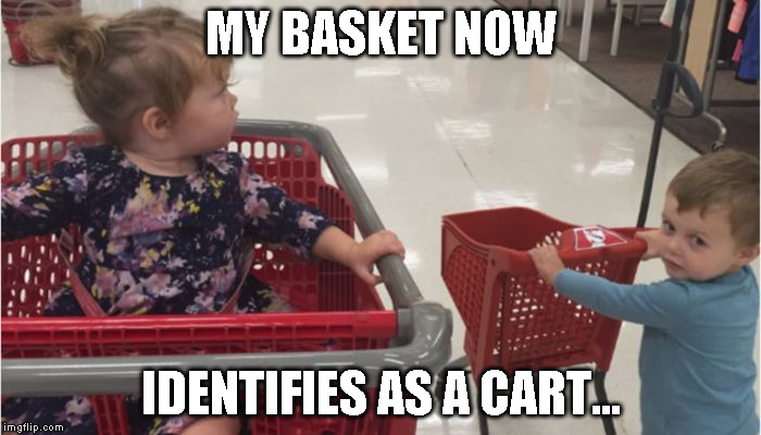 MY BASKET NOW; IDENTIFIES AS A CART... | image tagged in tiny cart | made w/ Imgflip meme maker