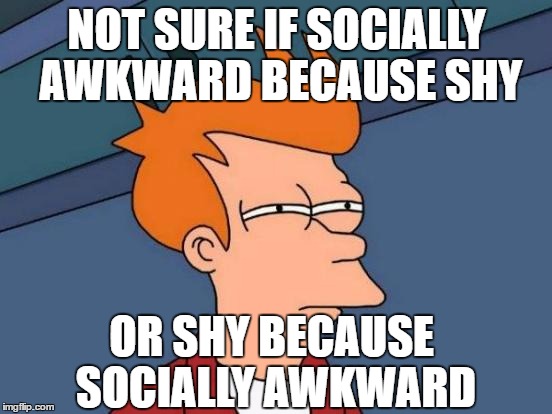 Not sure if I'm socially awkward because shy ... | NOT SURE IF SOCIALLY AWKWARD BECAUSE SHY; OR SHY BECAUSE SOCIALLY AWKWARD | image tagged in memes,futurama fry,not sure if,socially awkward,shy | made w/ Imgflip meme maker
