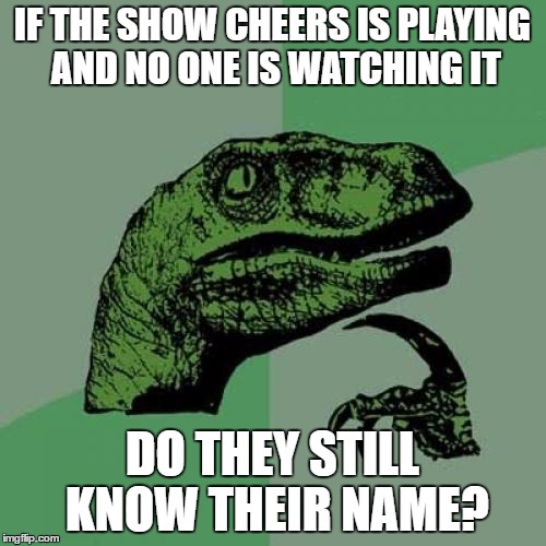 Philosoraptor Meme | IF THE SHOW CHEERS IS PLAYING AND NO ONE IS WATCHING IT DO THEY STILL KNOW THEIR NAME? | image tagged in memes,philosoraptor | made w/ Imgflip meme maker