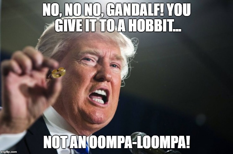 Oops-a Loops-a! | NO, NO NO, GANDALF! YOU GIVE IT TO A HOBBIT... NOT AN OOMPA-LOOMPA! | image tagged in trump,donald trump,lotr | made w/ Imgflip meme maker