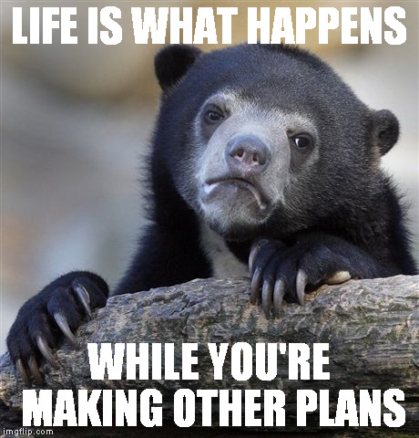 Confession Bear Meme | LIFE IS WHAT HAPPENS; WHILE YOU'RE MAKING OTHER PLANS | image tagged in memes,confession bear | made w/ Imgflip meme maker