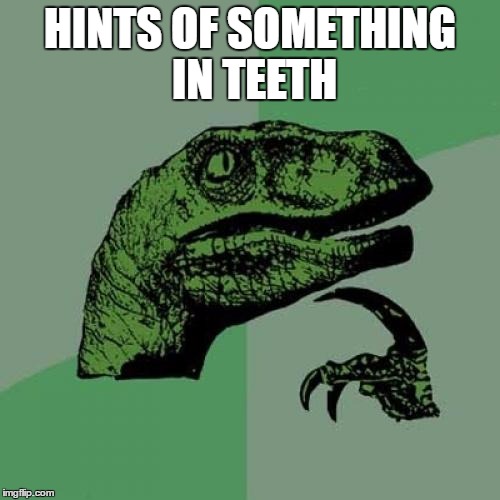 Philosoraptor | HINTS OF SOMETHING IN TEETH | image tagged in memes,philosoraptor | made w/ Imgflip meme maker