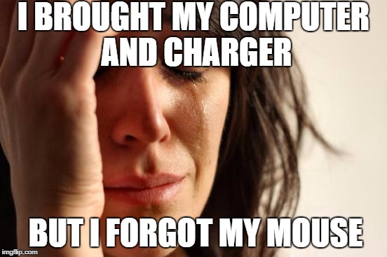 First World Problems | I BROUGHT MY COMPUTER AND CHARGER; BUT I FORGOT MY MOUSE | image tagged in memes,first world problems | made w/ Imgflip meme maker