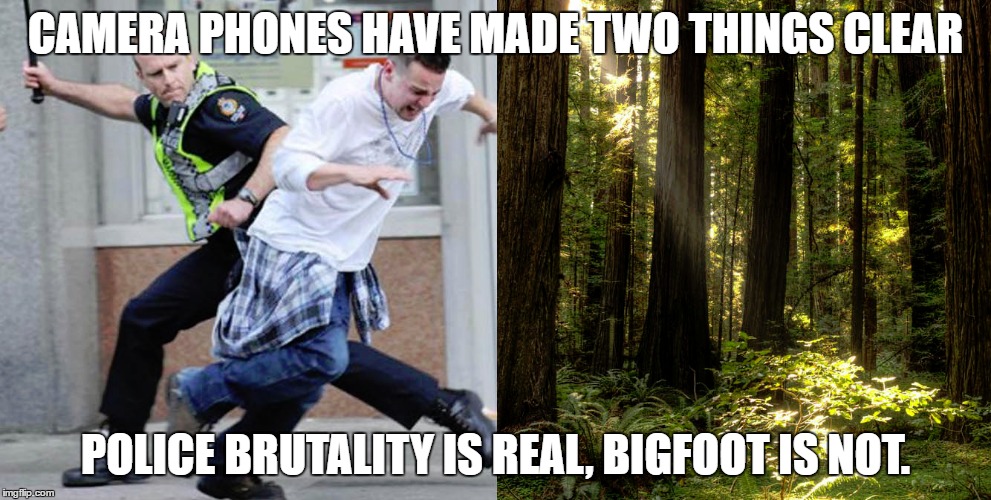 camera phones, bigfoot and the police | CAMERA PHONES HAVE MADE TWO THINGS CLEAR; POLICE BRUTALITY IS REAL, BIGFOOT IS NOT. | image tagged in police brutality,bigfoot,cops,camera phones | made w/ Imgflip meme maker
