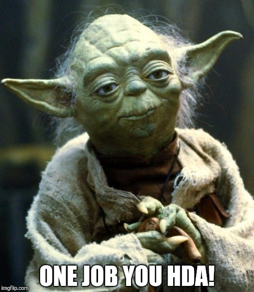 You had one job! | ONE JOB YOU HDA! | image tagged in memes,star wars yoda | made w/ Imgflip meme maker