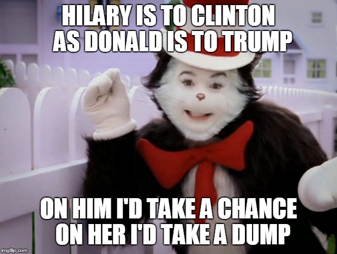 HILARY IS TO CLINTON  AS DONALD IS TO TRUMP ON HIM I'D TAKE A CHANCE  ON HER I'D TAKE A DUMP | made w/ Imgflip meme maker