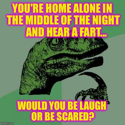 From the bowels of bathroom humor.  Had to pass this along | YOU'RE HOME ALONE IN THE MIDDLE OF THE NIGHT    AND HEAR A FART... WOULD YOU BE LAUGH OR BE SCARED? | image tagged in memes,philosoraptor,funny,bathroom humor,fart | made w/ Imgflip meme maker