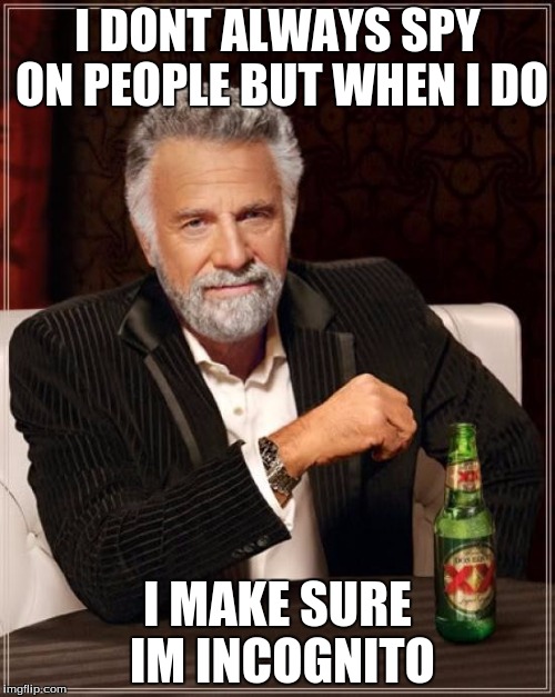 The Most Interesting Man In The World | I DONT ALWAYS SPY ON PEOPLE BUT WHEN I DO; I MAKE SURE IM INCOGNITO | image tagged in memes,the most interesting man in the world | made w/ Imgflip meme maker