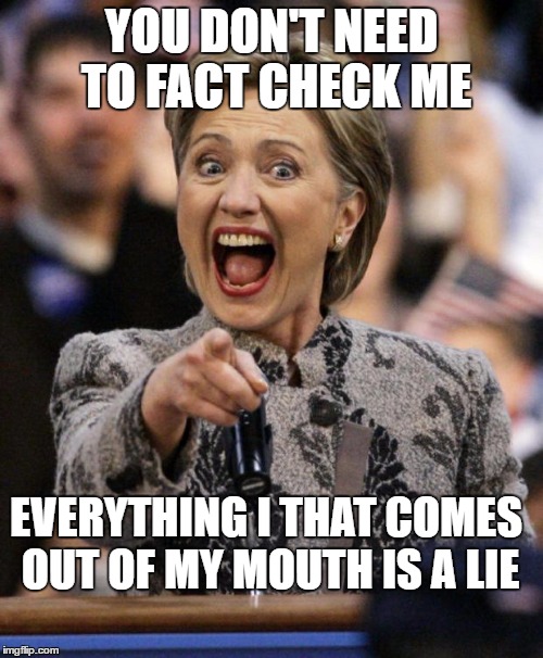 hillarypointing | YOU DON'T NEED TO FACT CHECK ME; EVERYTHING I THAT COMES OUT OF MY MOUTH IS A LIE | image tagged in hillarypointing | made w/ Imgflip meme maker