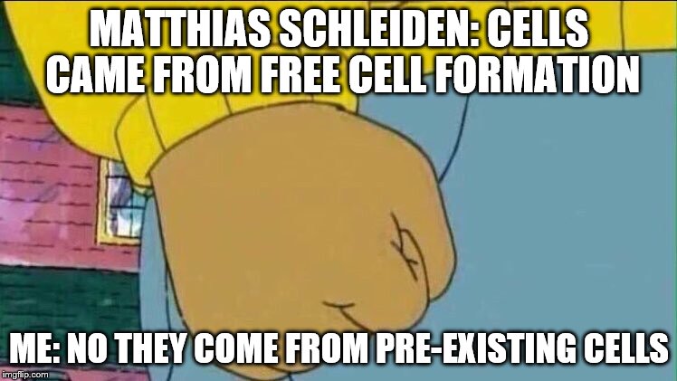 Arthur Fist | MATTHIAS SCHLEIDEN: CELLS CAME FROM FREE CELL FORMATION; ME: NO THEY COME FROM PRE-EXISTING CELLS | image tagged in arthur fist | made w/ Imgflip meme maker