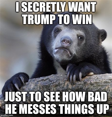 I live in Australia, so... | I SECRETLY WANT TRUMP TO WIN; JUST TO SEE HOW BAD HE MESSES THINGS UP | image tagged in memes,confession bear | made w/ Imgflip meme maker
