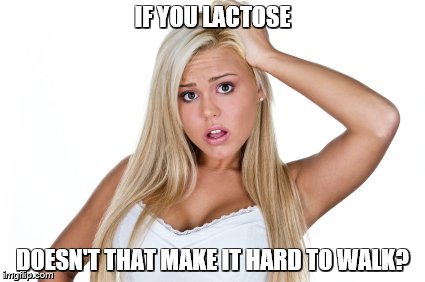 Dumb Blonde | IF YOU LACTOSE DOESN'T THAT MAKE IT HARD TO WALK? | image tagged in dumb blonde | made w/ Imgflip meme maker